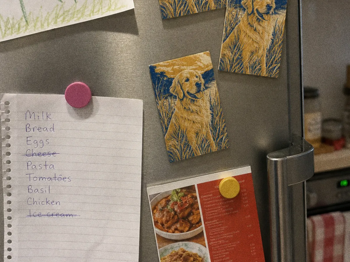 Fridge magnets, 4 × 6 in, on a fridge