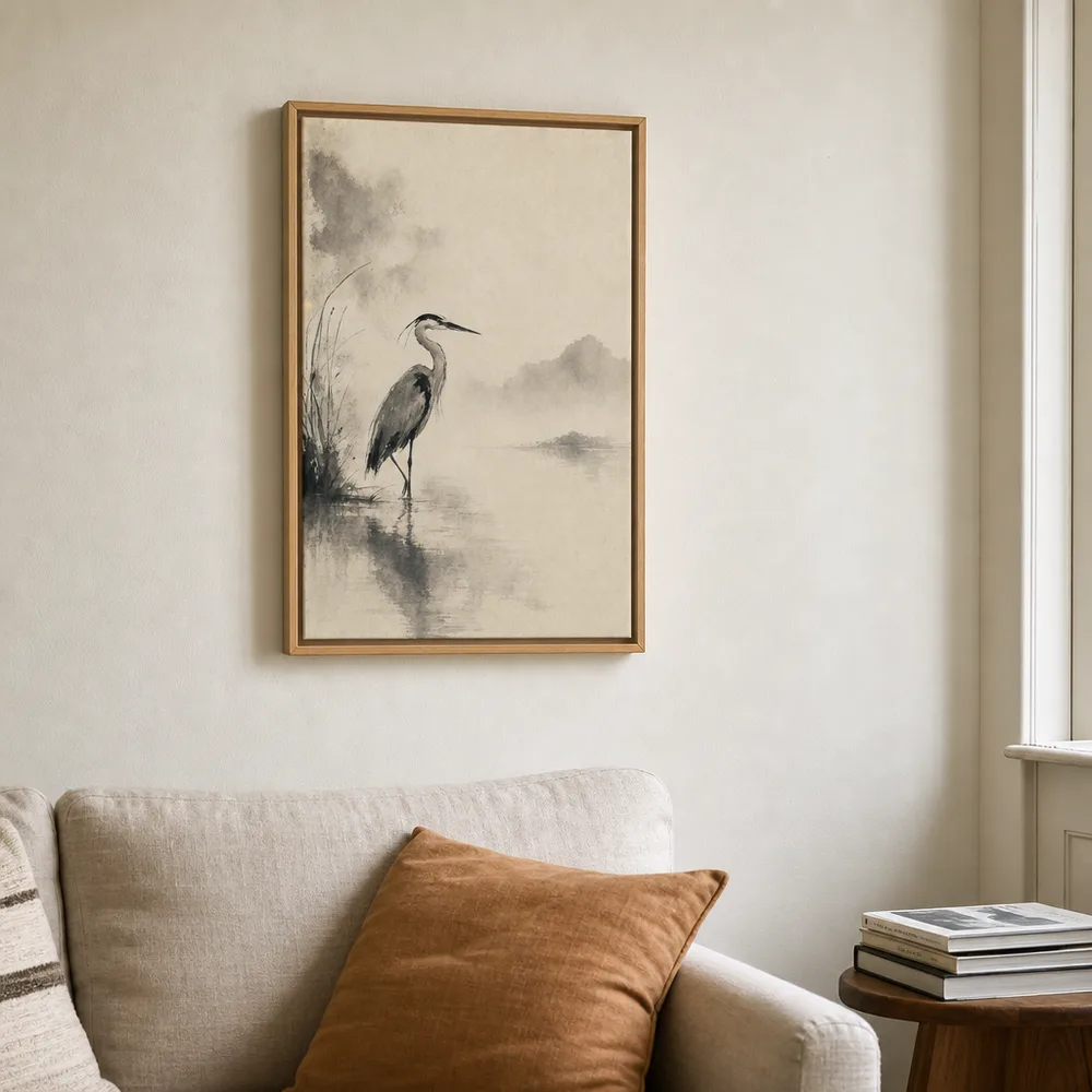 Heron in Mist as a framed canvas